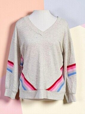 DEMOCRACY | COTTON BLEND CROPPED SLEEVE DOUBLE V NECKLINE SWEATSHIRT PUL…